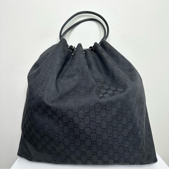 GUCCI GG Monogram Black Canvas Drawstring Large Bucket Bag Tote - Picture 1 of 10